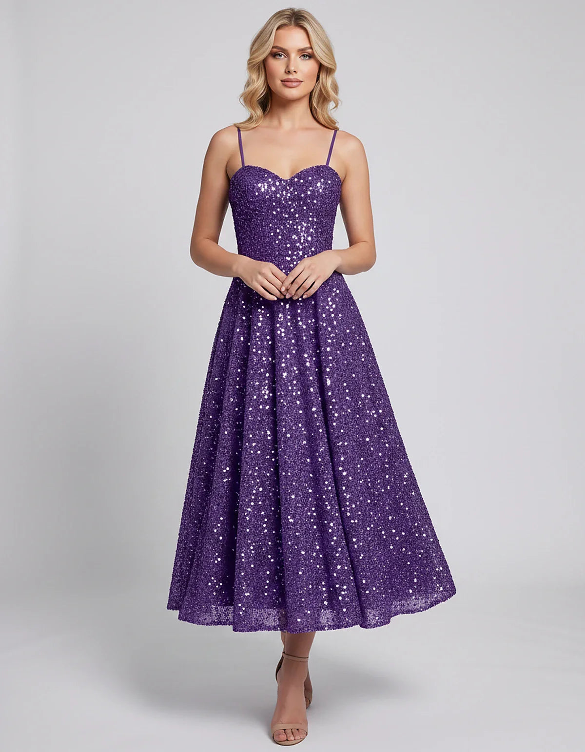 Sequin Spaghetti Strap Sweetheart A-Line Midi Dress with Pockets for Party, Cocktail, Evening, Wedding Guest, Graduation & Su | SKU: CLD-739582046193857-PURPLE-L,CLD-739582046193857-PURPLE-M,CLD-739582046193857-PURPLE-S,CLD-739582046193857-PURPLE-XL,CLD-739582046193857-PURPLE-XS