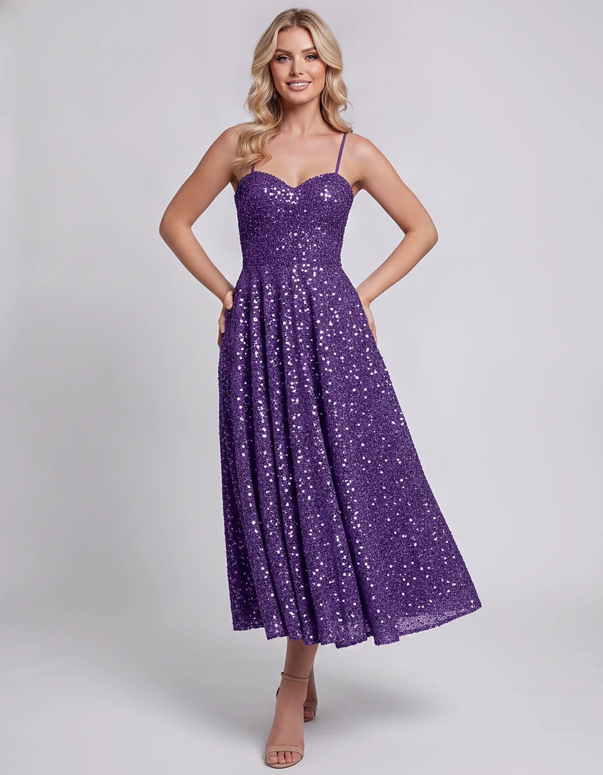 Sequin Spaghetti Strap Sweetheart A-Line Midi Dress with Pockets for Party, Cocktail, Evening, Wedding Guest, Graduation & Su | SKU: CLD-739582046193857-PURPLE-L,CLD-739582046193857-PURPLE-M,CLD-739582046193857-PURPLE-S,CLD-739582046193857-PURPLE-XL,CLD-739582046193857-PURPLE-XS