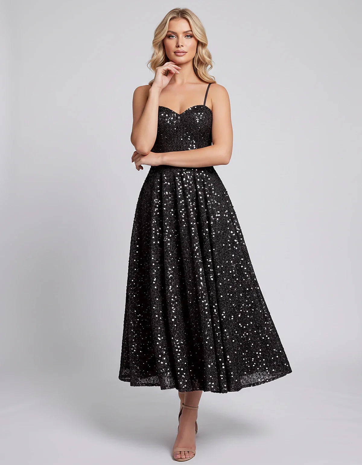 Sequin Spaghetti Strap Sweetheart A-Line Midi Dress with Pockets for Party, Cocktail, Evening, Wedding Guest, Graduation & Su | SKU: CLD-739582046193857-BLACK-L,CLD-739582046193857-BLACK-M,CLD-739582046193857-BLACK-S,CLD-739582046193857-BLACK-XL,CLD-739582046193857-BLACK-XS