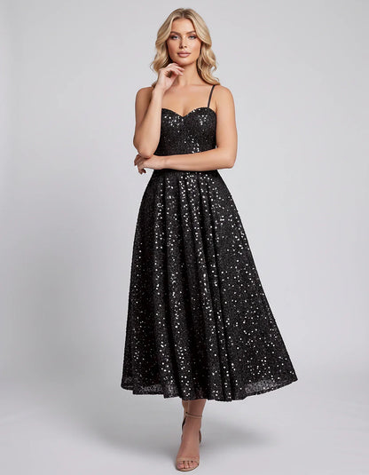 Sequin Spaghetti Strap Sweetheart A-Line Midi Dress with Pockets for Party, Cocktail, Evening, Wedding Guest, Graduation & Su | SKU: CLD-739582046193857-BLACK-L,CLD-739582046193857-BLACK-M,CLD-739582046193857-BLACK-S,CLD-739582046193857-BLACK-XL,CLD-739582046193857-BLACK-XS