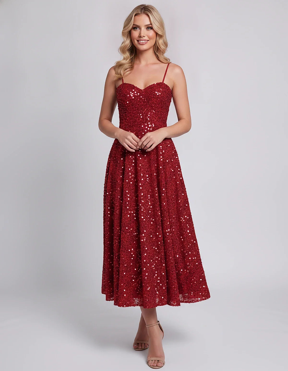 Sequin Spaghetti Strap Sweetheart A-Line Midi Dress with Pockets for Party, Cocktail, Evening, Wedding Guest, Graduation & Su | SKU: CLD-739582046193857-RED-L,CLD-739582046193857-RED-M,CLD-739582046193857-RED-S,CLD-739582046193857-RED-XL,CLD-739582046193857-RED-XS
