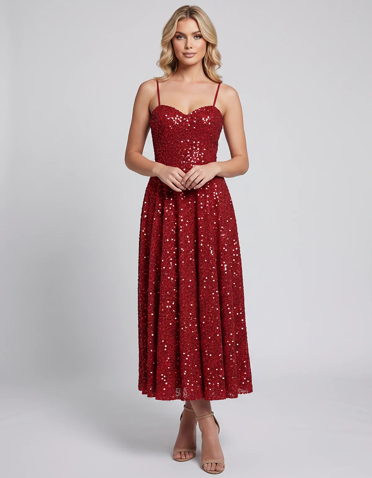 Sequin Spaghetti Strap Sweetheart A-Line Midi Dress with Pockets for Party, Cocktail, Evening, Wedding Guest, Graduation & Su | SKU: CLD-739582046193857-RED-L,CLD-739582046193857-RED-M,CLD-739582046193857-RED-S,CLD-739582046193857-RED-XL,CLD-739582046193857-RED-XS