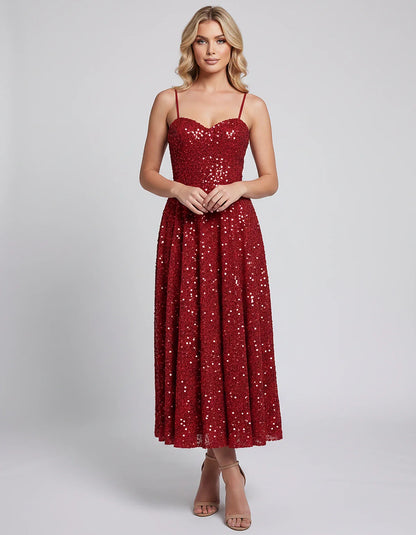 Sequin Spaghetti Strap Sweetheart A-Line Midi Dress with Pockets for Party, Cocktail, Evening, Wedding Guest, Graduation & Su | SKU: CLD-739582046193857-RED-L,CLD-739582046193857-RED-M,CLD-739582046193857-RED-S,CLD-739582046193857-RED-XL,CLD-739582046193857-RED-XS