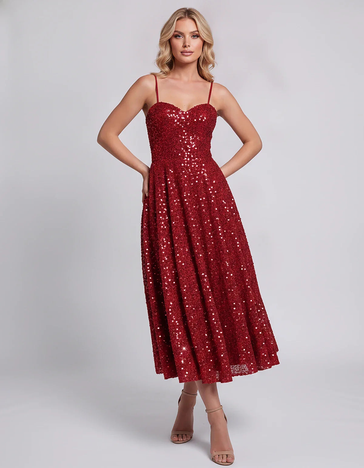 Sequin Spaghetti Strap Sweetheart A-Line Midi Dress with Pockets for Party, Cocktail, Evening, Wedding Guest, Graduation & Su | SKU: CLD-739582046193857-RED-L,CLD-739582046193857-RED-M,CLD-739582046193857-RED-S,CLD-739582046193857-RED-XL,CLD-739582046193857-RED-XS