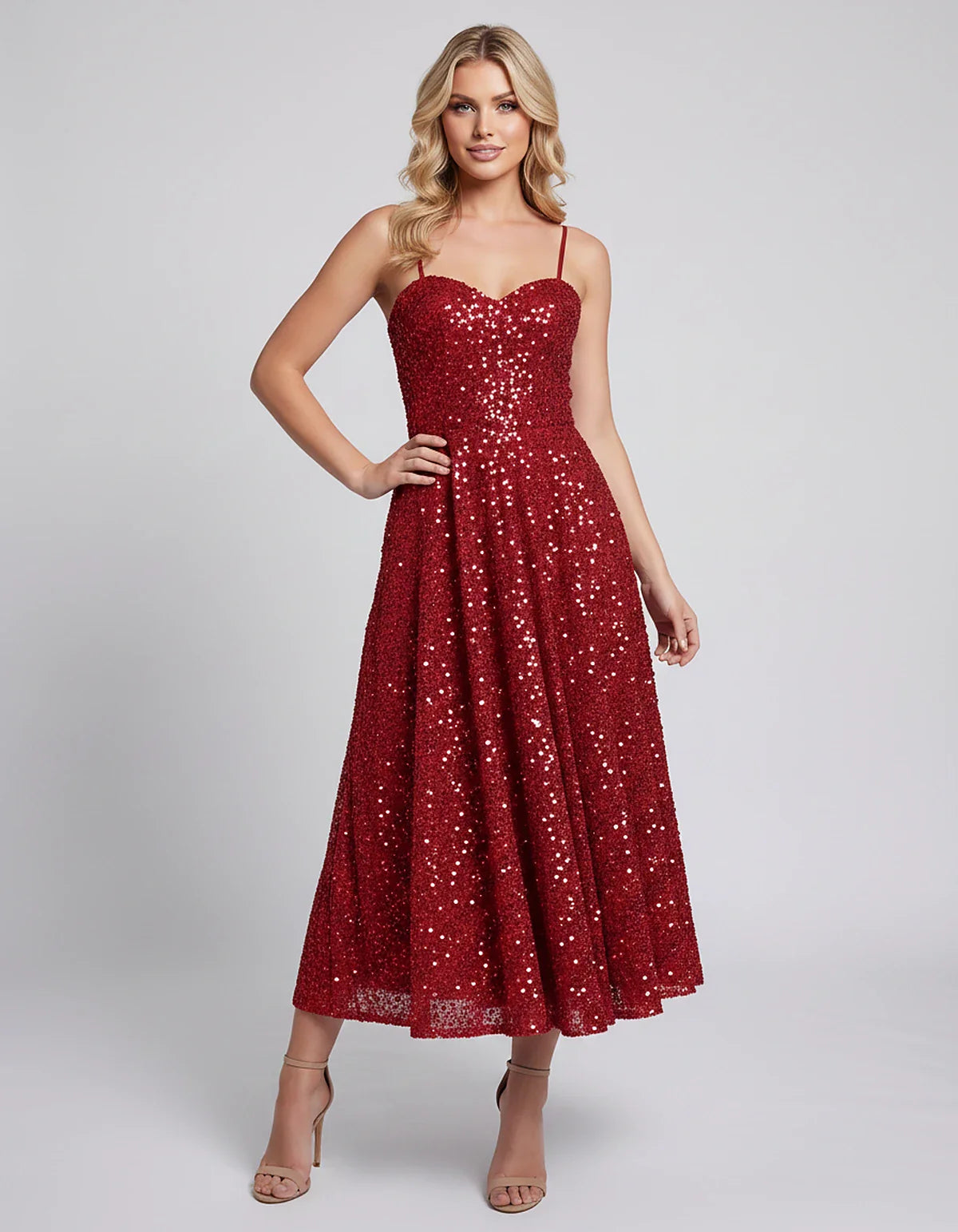 Sequin Spaghetti Strap Sweetheart A-Line Midi Dress with Pockets for Party, Cocktail, Evening, Wedding Guest, Graduation & Su | SKU: CLD-739582046193857-RED-L,CLD-739582046193857-RED-M,CLD-739582046193857-RED-S,CLD-739582046193857-RED-XL,CLD-739582046193857-RED-XS