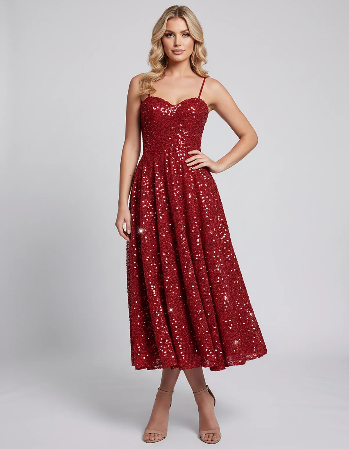 Sequin Spaghetti Strap Sweetheart A-Line Midi Dress with Pockets for Party, Cocktail, Evening, Wedding Guest, Graduation & Su | SKU: CLD-739582046193857-RED-L,CLD-739582046193857-RED-M,CLD-739582046193857-RED-S,CLD-739582046193857-RED-XL,CLD-739582046193857-RED-XS