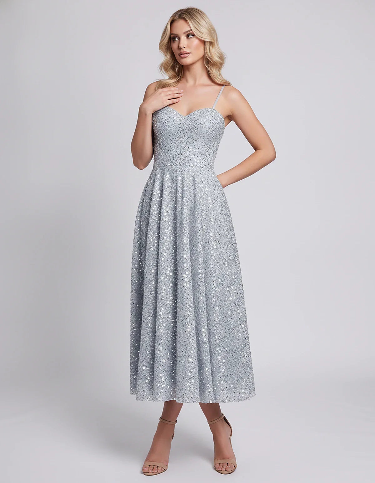 Sequin Spaghetti Strap Sweetheart A-Line Midi Dress with Pockets for Party, Cocktail, Evening, Wedding Guest, Graduation & Su | SKU: CLD-739582046193857-SILVER-L,CLD-739582046193857-SILVER-M,CLD-739582046193857-SILVER-S,CLD-739582046193857-SILVER-XL,CLD-739582046193857-SILVER-XS
