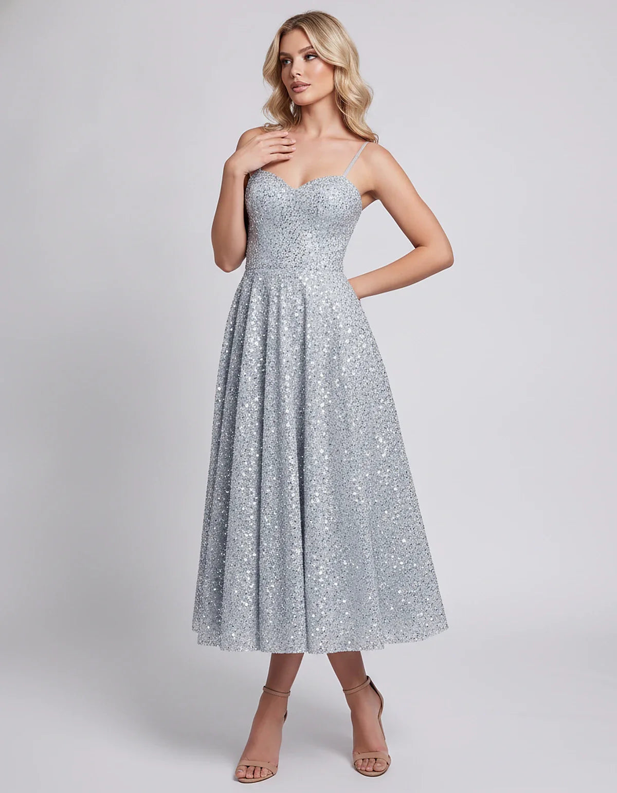 Sequin Spaghetti Strap Sweetheart A-Line Midi Dress with Pockets for Party, Cocktail, Evening, Wedding Guest, Graduation & Su | SKU: CLD-739582046193857-SILVER-L,CLD-739582046193857-SILVER-M,CLD-739582046193857-SILVER-S,CLD-739582046193857-SILVER-XL,CLD-739582046193857-SILVER-XS