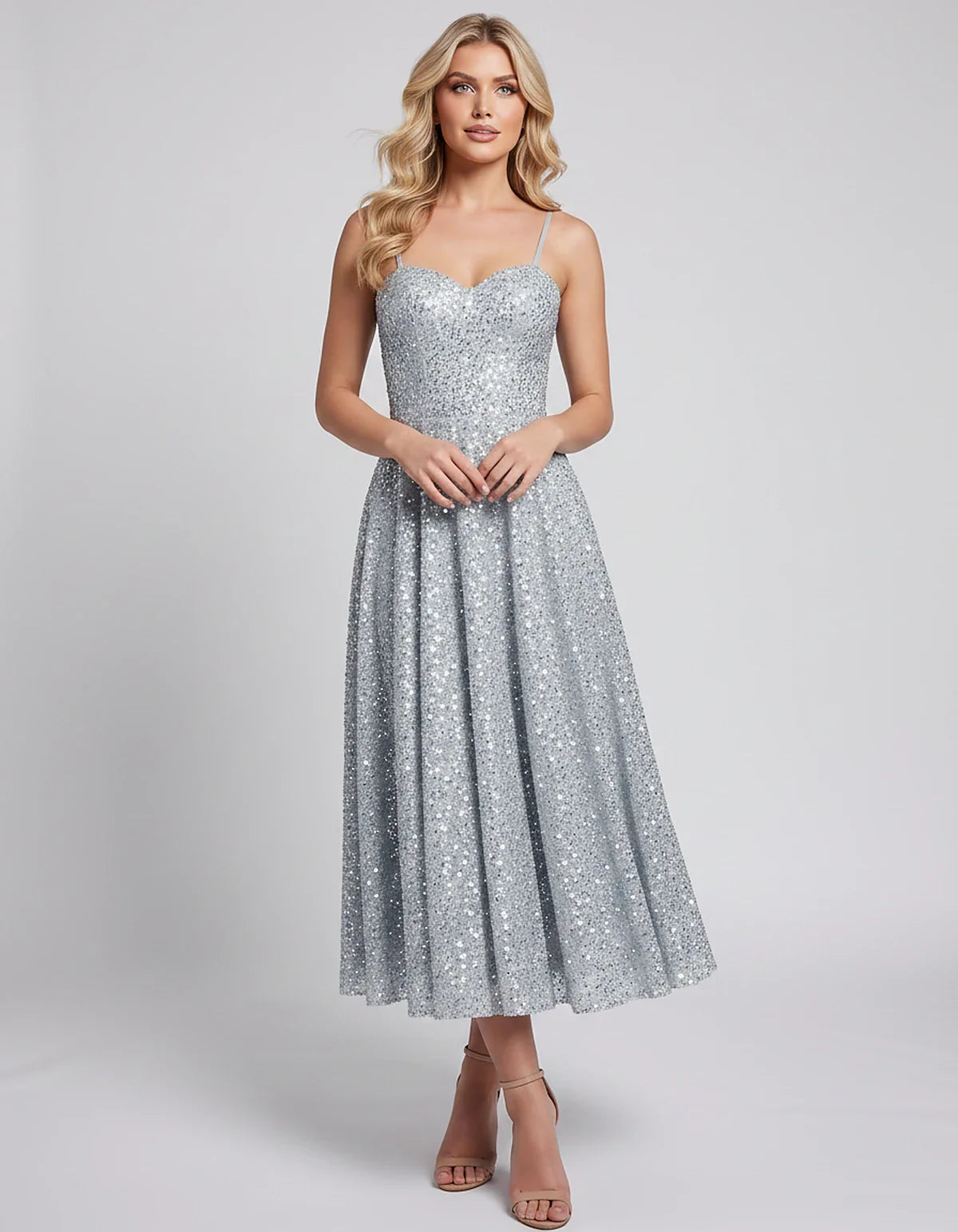 Sequin Spaghetti Strap Sweetheart A-Line Midi Dress with Pockets for Party, Cocktail, Evening, Wedding Guest, Graduation & Su | SKU: CLD-739582046193857-SILVER-L,CLD-739582046193857-SILVER-M,CLD-739582046193857-SILVER-S,CLD-739582046193857-SILVER-XL,CLD-739582046193857-SILVER-XS