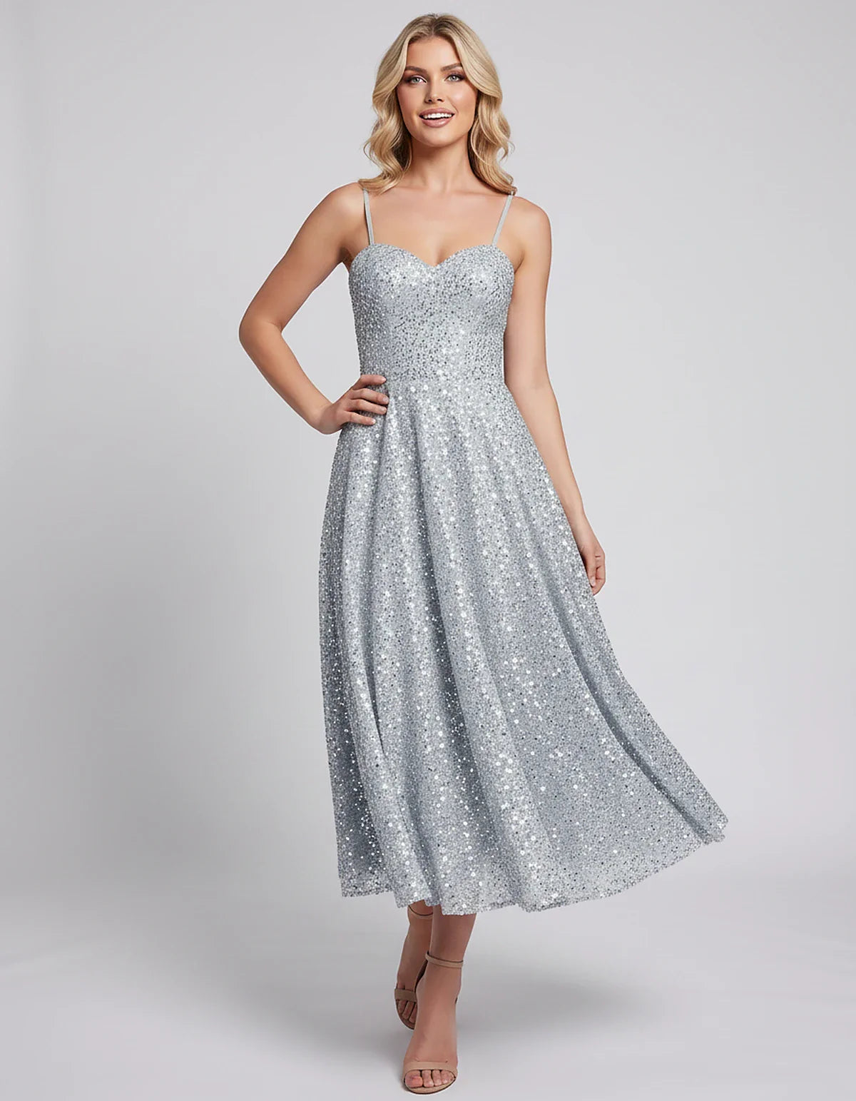 Sequin Spaghetti Strap Sweetheart A-Line Midi Dress with Pockets for Party, Cocktail, Evening, Wedding Guest, Graduation & Su | SKU: CLD-739582046193857-SILVER-L,CLD-739582046193857-SILVER-M,CLD-739582046193857-SILVER-S,CLD-739582046193857-SILVER-XL,CLD-739582046193857-SILVER-XS