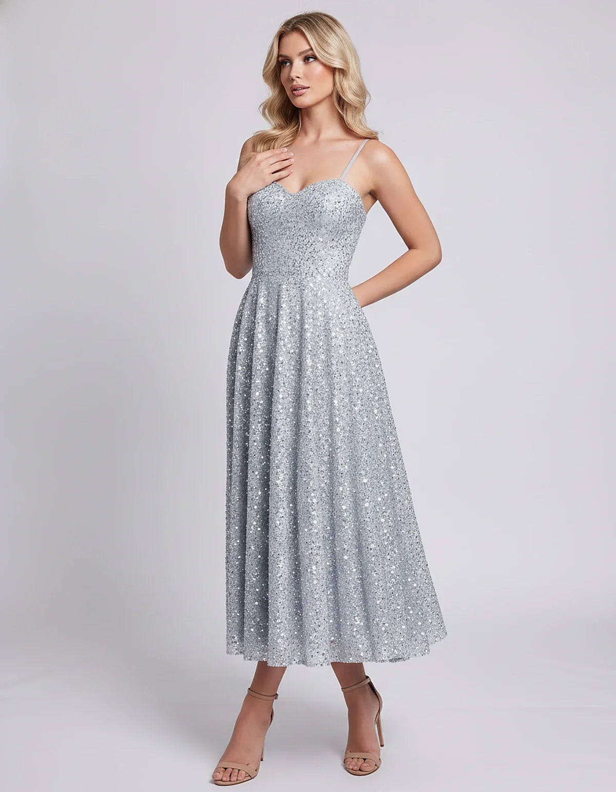 Sequin Spaghetti Strap Sweetheart A-Line Midi Dress with Pockets for Party, Cocktail, Evening, Wedding Guest, Graduation & Su | SKU: CLD-739582046193857-SILVER-L,CLD-739582046193857-SILVER-M,CLD-739582046193857-SILVER-S,CLD-739582046193857-SILVER-XL,CLD-739582046193857-SILVER-XS