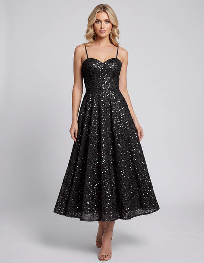 Sequin Spaghetti Strap Sweetheart A-Line Midi Dress with Pockets for Party, Cocktail, Evening, Wedding Guest, Graduation & Su | SKU: CLD-739582046193857-BLACK-L,CLD-739582046193857-BLACK-M,CLD-739582046193857-BLACK-S,CLD-739582046193857-BLACK-XL,CLD-739582046193857-BLACK-XS
