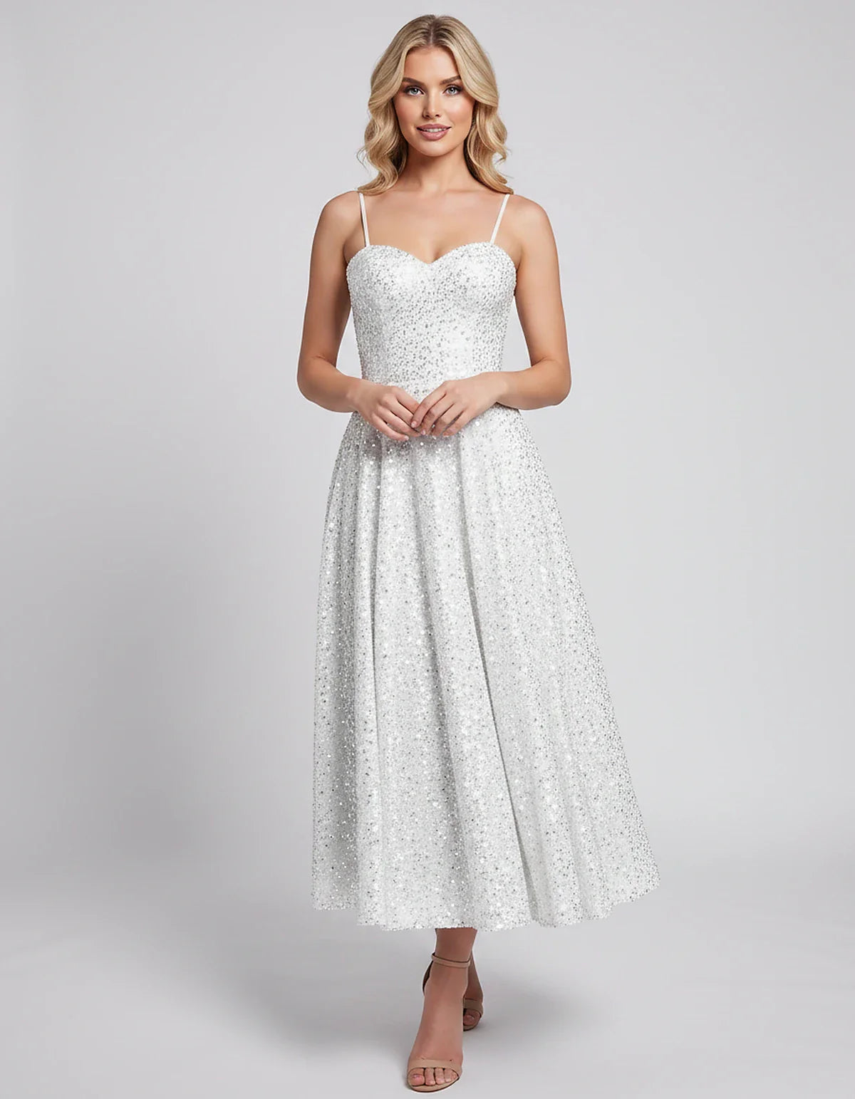 Sequin Spaghetti Strap Sweetheart A-Line Midi Dress with Pockets for Party, Cocktail, Evening, Wedding Guest, Graduation & Su | SKU: CLD-739582046193857-WHITE-L,CLD-739582046193857-WHITE-M,CLD-739582046193857-WHITE-S,CLD-739582046193857-WHITE-XL,CLD-739582046193857-WHITE-XS