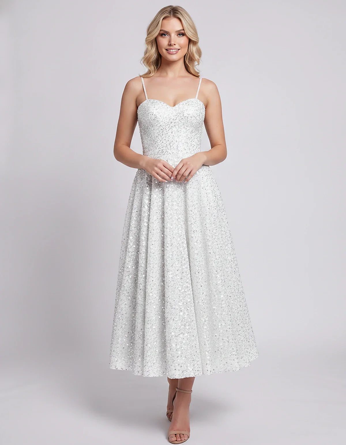 Sequin Spaghetti Strap Sweetheart A-Line Midi Dress with Pockets for Party, Cocktail, Evening, Wedding Guest, Graduation & Su | SKU: CLD-739582046193857-WHITE-L,CLD-739582046193857-WHITE-M,CLD-739582046193857-WHITE-S,CLD-739582046193857-WHITE-XL,CLD-739582046193857-WHITE-XS
