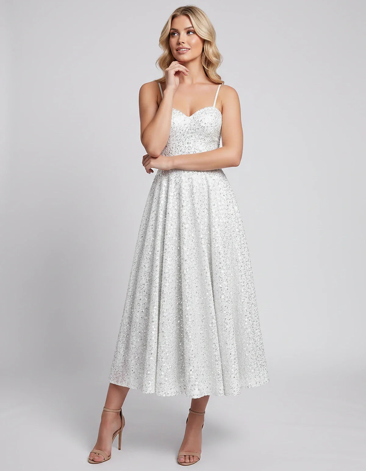 Sequin Spaghetti Strap Sweetheart A-Line Midi Dress with Pockets for Party, Cocktail, Evening, Wedding Guest, Graduation & Su | SKU: CLD-739582046193857-WHITE-L,CLD-739582046193857-WHITE-M,CLD-739582046193857-WHITE-S,CLD-739582046193857-WHITE-XL,CLD-739582046193857-WHITE-XS