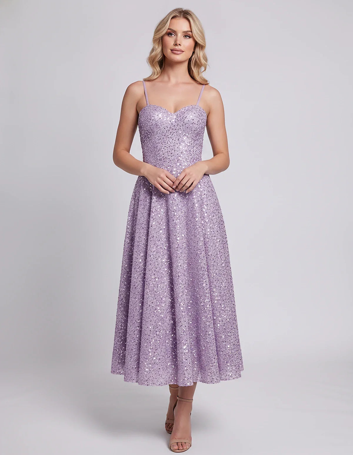 Sequin Spaghetti Strap Sweetheart A-Line Midi Dress with Pockets for Party, Cocktail, Evening, Wedding Guest, Graduation & Su | SKU: CLD-739582046193857-LILAC-L,CLD-739582046193857-LILAC-M,CLD-739582046193857-LILAC-S,CLD-739582046193857-LILAC-XL,CLD-739582046193857-LILAC-XS
