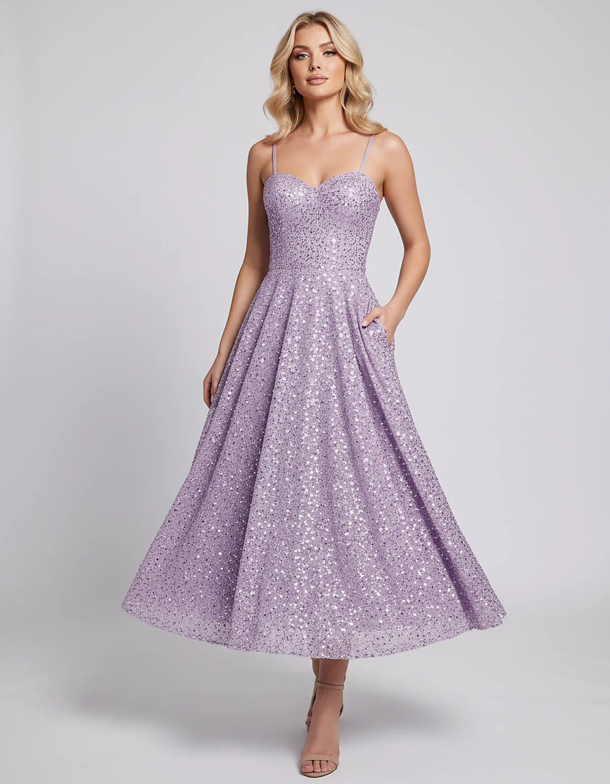 Sequin Spaghetti Strap Sweetheart A-Line Midi Dress with Pockets for Party, Cocktail, Evening, Wedding Guest, Graduation & Su | SKU: CLD-739582046193857-LILAC-L,CLD-739582046193857-LILAC-M,CLD-739582046193857-LILAC-S,CLD-739582046193857-LILAC-XL,CLD-739582046193857-LILAC-XS