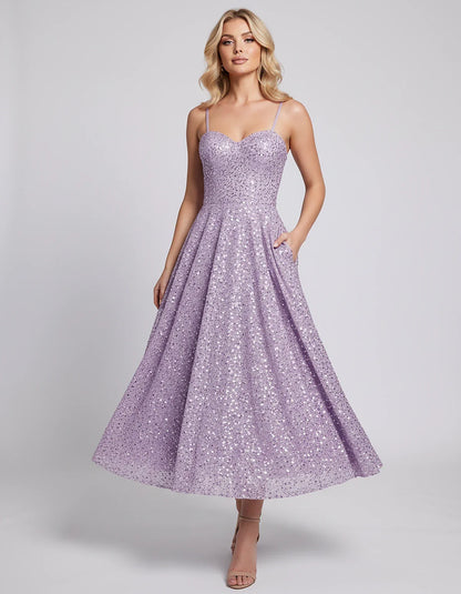 Sequin Spaghetti Strap Sweetheart A-Line Midi Dress with Pockets for Party, Cocktail, Evening, Wedding Guest, Graduation & Su | SKU: CLD-739582046193857-LILAC-L,CLD-739582046193857-LILAC-M,CLD-739582046193857-LILAC-S,CLD-739582046193857-LILAC-XL,CLD-739582046193857-LILAC-XS