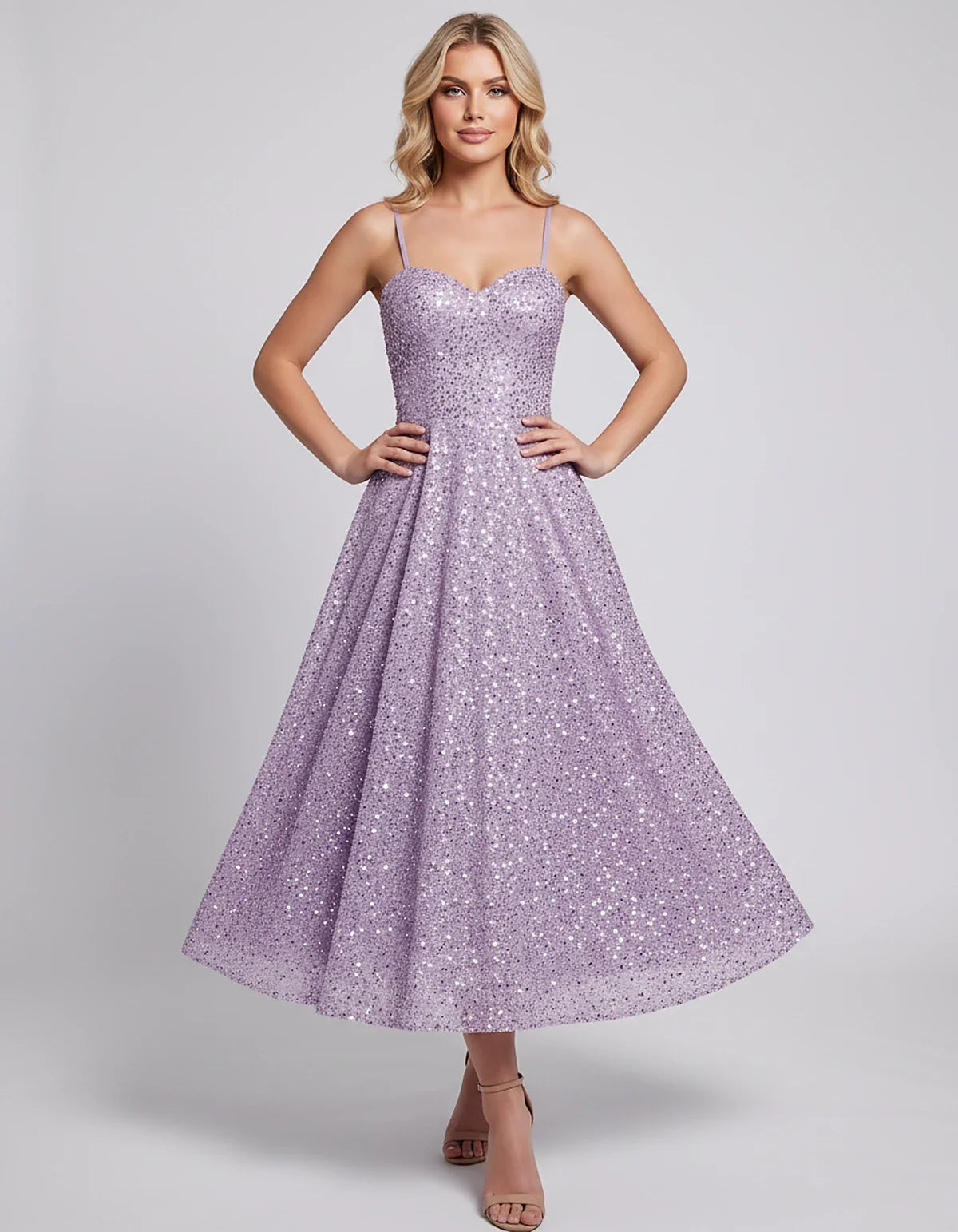 Sequin Spaghetti Strap Sweetheart A-Line Midi Dress with Pockets for Party, Cocktail, Evening, Wedding Guest, Graduation & Su | SKU: CLD-739582046193857-LILAC-L,CLD-739582046193857-LILAC-M,CLD-739582046193857-LILAC-S,CLD-739582046193857-LILAC-XL,CLD-739582046193857-LILAC-XS