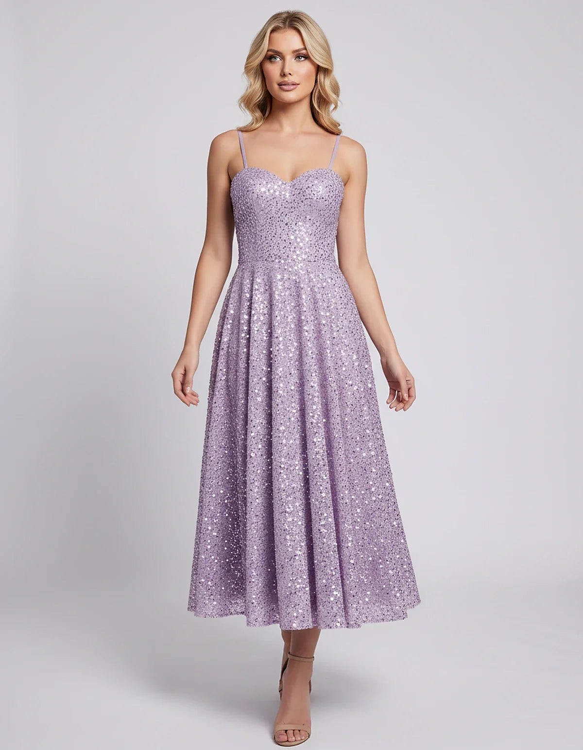 Sequin Spaghetti Strap Sweetheart A-Line Midi Dress with Pockets for Party, Cocktail, Evening, Wedding Guest, Graduation & Su | SKU: CLD-739582046193857-LILAC-L,CLD-739582046193857-LILAC-M,CLD-739582046193857-LILAC-S,CLD-739582046193857-LILAC-XL,CLD-739582046193857-LILAC-XS
