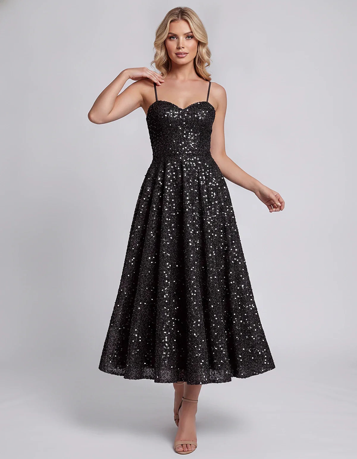 Sequin Spaghetti Strap Sweetheart A-Line Midi Dress with Pockets for Party, Cocktail, Evening, Wedding Guest, Graduation & Su | SKU: CLD-739582046193857-BLACK-L,CLD-739582046193857-BLACK-M,CLD-739582046193857-BLACK-S,CLD-739582046193857-BLACK-XL,CLD-739582046193857-BLACK-XS
