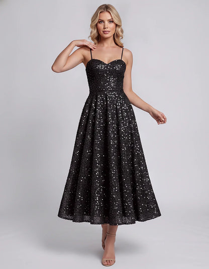 Sequin Spaghetti Strap Sweetheart A-Line Midi Dress with Pockets for Party, Cocktail, Evening, Wedding Guest, Graduation & Su | SKU: CLD-739582046193857-BLACK-L,CLD-739582046193857-BLACK-M,CLD-739582046193857-BLACK-S,CLD-739582046193857-BLACK-XL,CLD-739582046193857-BLACK-XS