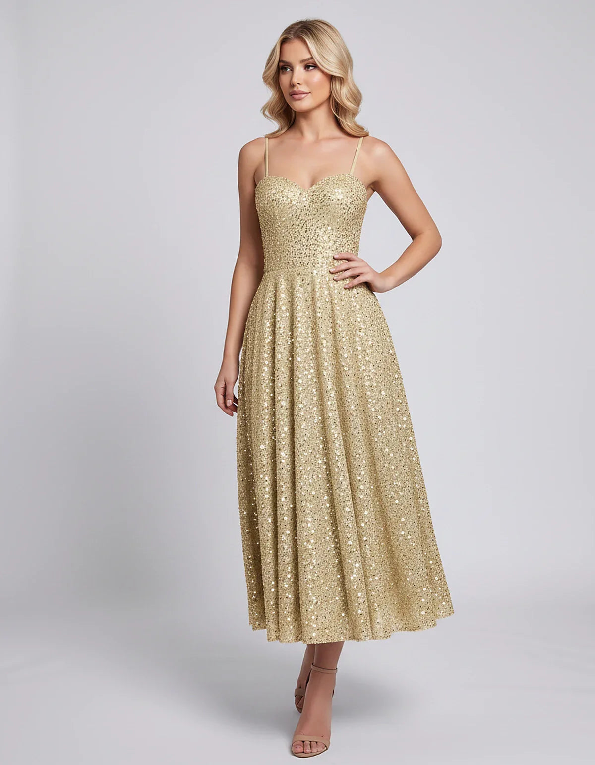 Sequin Spaghetti Strap Sweetheart A-Line Midi Dress with Pockets for Party, Cocktail, Evening, Wedding Guest, Graduation & Su | SKU: CLD-739582046193857-CHAMPAGNE-L,CLD-739582046193857-CHAMPAGNE-M,CLD-739582046193857-CHAMPAGNE-S,CLD-739582046193857-CHAMPAGNE-XL,CLD-739582046193857-CHAMPAGNE-XS