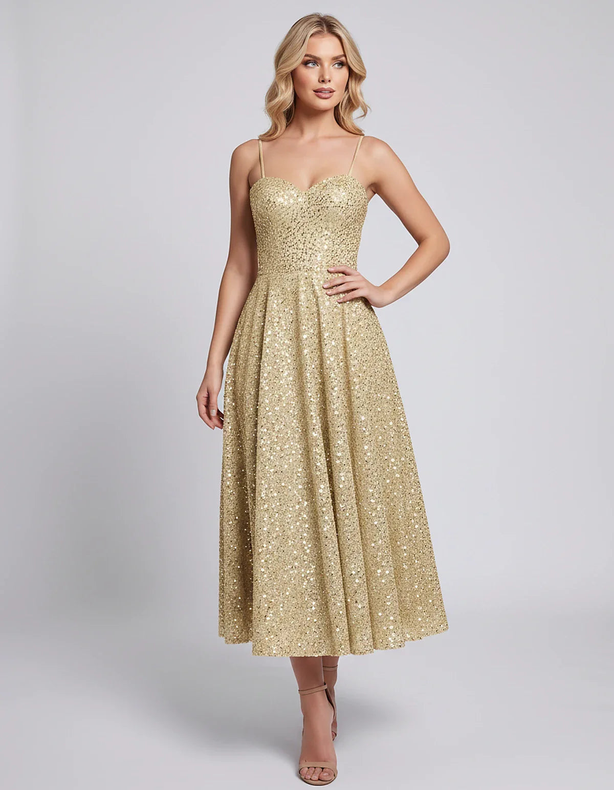 Sequin Spaghetti Strap Sweetheart A-Line Midi Dress with Pockets for Party, Cocktail, Evening, Wedding Guest, Graduation & Su | SKU: CLD-739582046193857-CHAMPAGNE-L,CLD-739582046193857-CHAMPAGNE-M,CLD-739582046193857-CHAMPAGNE-S,CLD-739582046193857-CHAMPAGNE-XL,CLD-739582046193857-CHAMPAGNE-XS