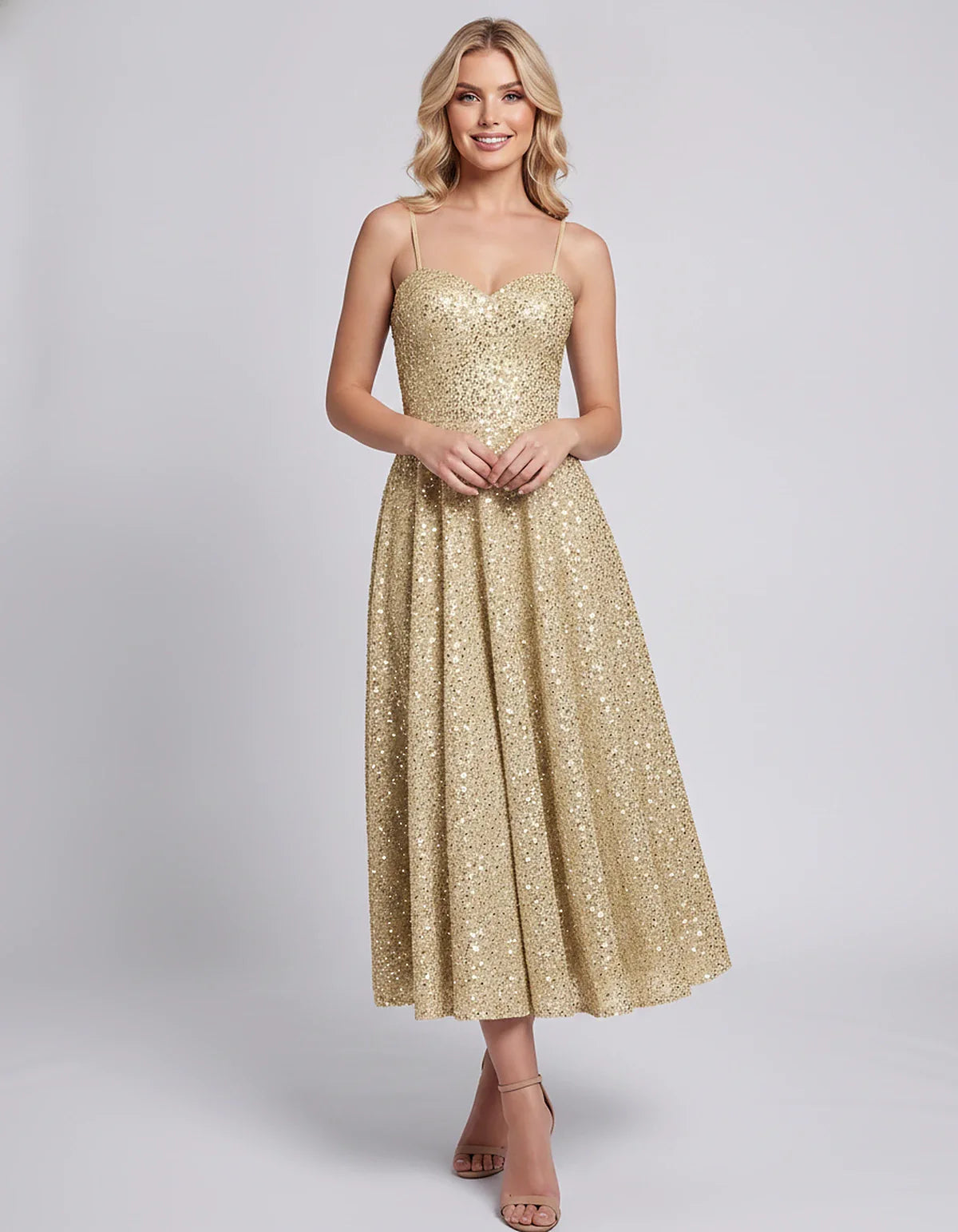 Sequin Spaghetti Strap Sweetheart A-Line Midi Dress with Pockets for Party, Cocktail, Evening, Wedding Guest, Graduation & Su | SKU: CLD-739582046193857-CHAMPAGNE-L,CLD-739582046193857-CHAMPAGNE-M,CLD-739582046193857-CHAMPAGNE-S,CLD-739582046193857-CHAMPAGNE-XL,CLD-739582046193857-CHAMPAGNE-XS