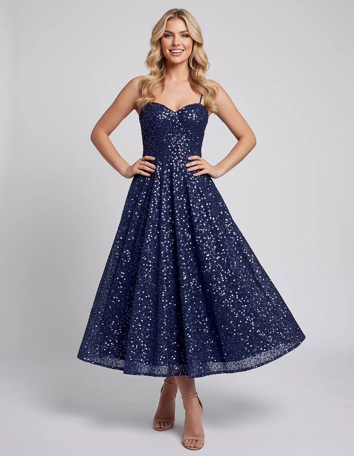 Sequin Spaghetti Strap Sweetheart A-Line Midi Dress with Pockets for Party, Cocktail, Evening, Wedding Guest, Graduation & Su | SKU: CLD-739582046193857-NAVY-L,CLD-739582046193857-NAVY-M,CLD-739582046193857-NAVY-S,CLD-739582046193857-NAVY-XL,CLD-739582046193857-NAVY-XS
