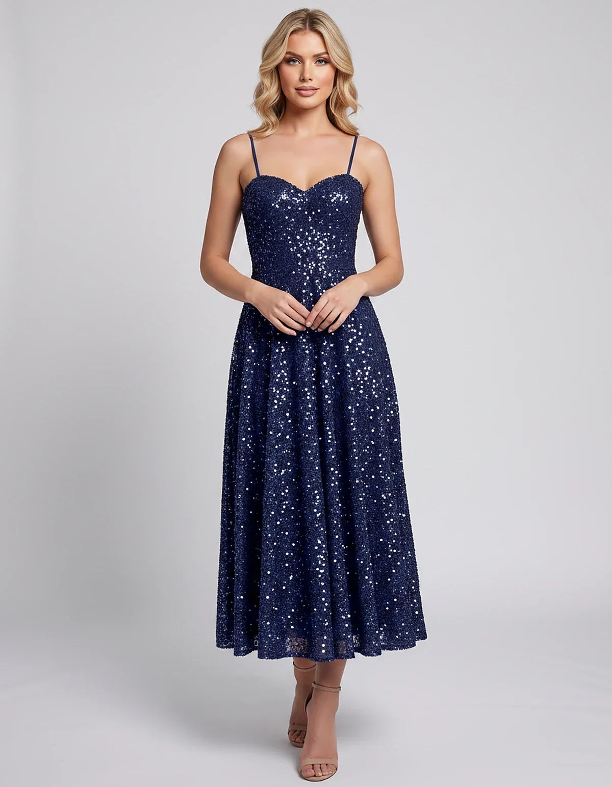 Sequin Spaghetti Strap Sweetheart A-Line Midi Dress with Pockets for Party, Cocktail, Evening, Wedding Guest, Graduation & Su | SKU: CLD-739582046193857-NAVY-L,CLD-739582046193857-NAVY-M,CLD-739582046193857-NAVY-S,CLD-739582046193857-NAVY-XL,CLD-739582046193857-NAVY-XS