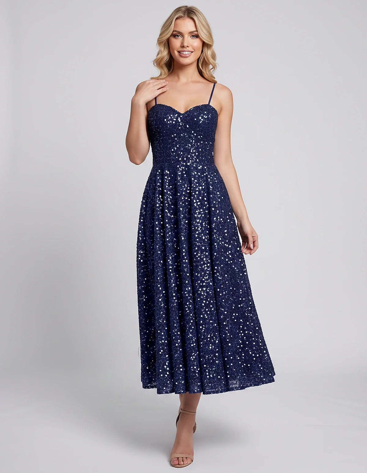 Sequin Spaghetti Strap Sweetheart A-Line Midi Dress with Pockets for Party, Cocktail, Evening, Wedding Guest, Graduation & Su | SKU: CLD-739582046193857-NAVY-L,CLD-739582046193857-NAVY-M,CLD-739582046193857-NAVY-S,CLD-739582046193857-NAVY-XL,CLD-739582046193857-NAVY-XS