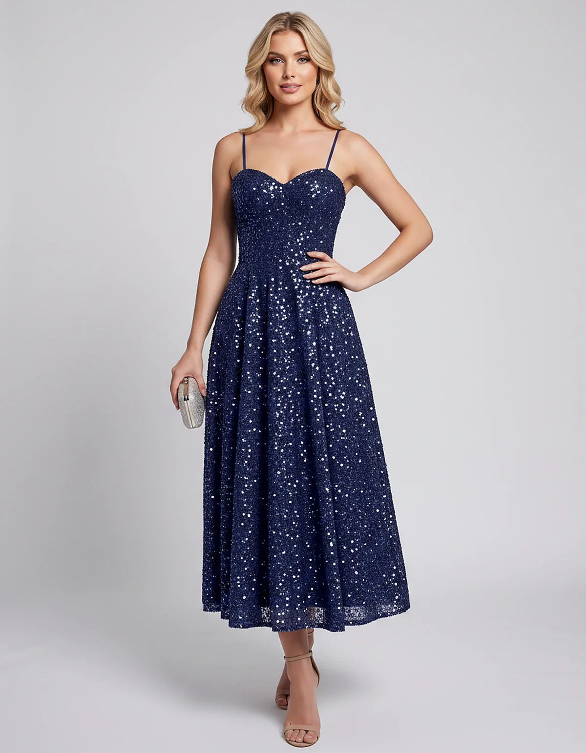 Sequin Spaghetti Strap Sweetheart A-Line Midi Dress with Pockets for Party, Cocktail, Evening, Wedding Guest, Graduation & Su | SKU: CLD-739582046193857-NAVY-L,CLD-739582046193857-NAVY-M,CLD-739582046193857-NAVY-S,CLD-739582046193857-NAVY-XL,CLD-739582046193857-NAVY-XS