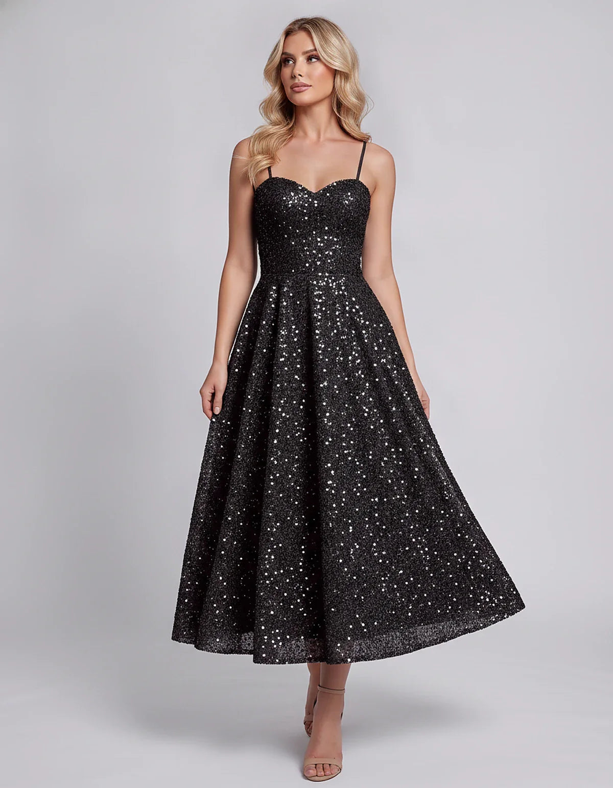 Sequin Spaghetti Strap Sweetheart A-Line Midi Dress with Pockets for Party, Cocktail, Evening, Wedding Guest, Graduation & Su | SKU: CLD-739582046193857-BLACK-L,CLD-739582046193857-BLACK-M,CLD-739582046193857-BLACK-S,CLD-739582046193857-BLACK-XL,CLD-739582046193857-BLACK-XS