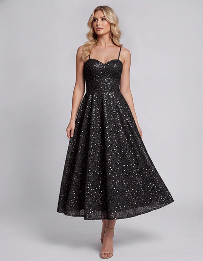 Sequin Spaghetti Strap Sweetheart A-Line Midi Dress with Pockets for Party, Cocktail, Evening, Wedding Guest, Graduation & Su | SKU: CLD-739582046193857-BLACK-L,CLD-739582046193857-BLACK-M,CLD-739582046193857-BLACK-S,CLD-739582046193857-BLACK-XL,CLD-739582046193857-BLACK-XS