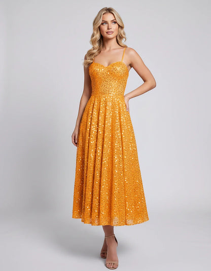 Sequin Spaghetti Strap Sweetheart A-Line Midi Dress with Pockets for Party, Cocktail, Evening, Wedding Guest, Graduation & Su | SKU: CLD-739582046193857-ORANGE-L,CLD-739582046193857-ORANGE-M,CLD-739582046193857-ORANGE-S,CLD-739582046193857-ORANGE-XL,CLD-739582046193857-ORANGE-XS