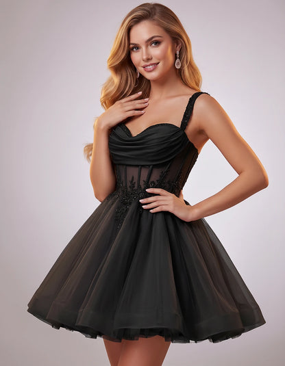 Soft Tulle Sleeveless Sweetheart A-Line Mini Dress with Floral Appliqués for Party, Cocktail, Evening, Summer & Wedding Guest