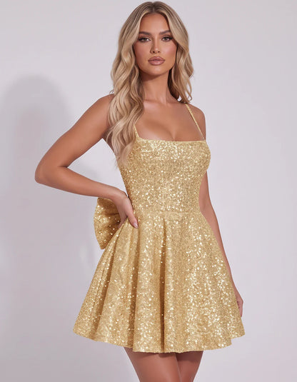 Sequin Spaghetti Strap Square Neck Corset A-Line Mini Dress with Side Bow for Graduation, Homecoming, Cocktail Party & Weddin | SKU: CMD-582947361845029-CHAMPAGNE-L,CMD-582947361845029-CHAMPAGNE-M,CMD-582947361845029-CHAMPAGNE-S,CMD-582947361845029-CHAMPAGNE-XL,CMD-582947361845029-CHAMPAGNE-XS
