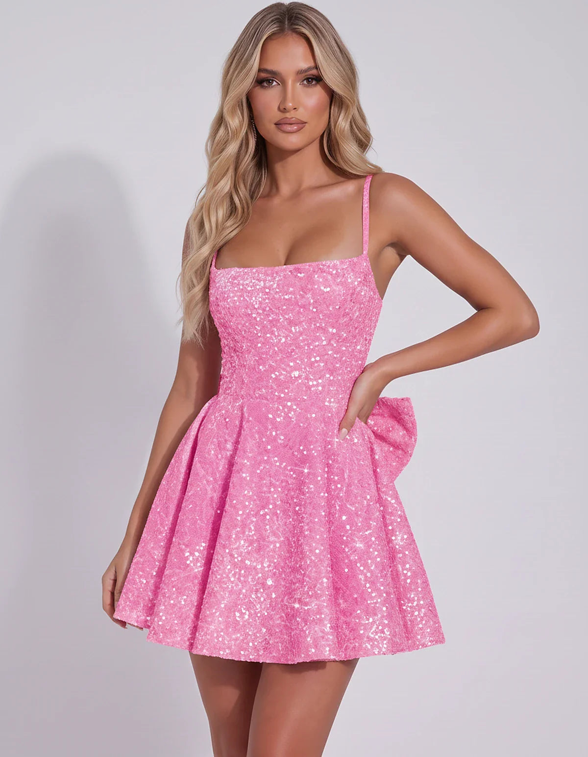 Sequin Spaghetti Strap Square Neck Corset A-Line Mini Dress with Side Bow for Graduation, Homecoming, Cocktail Party & Weddin | SKU: CMD-582947361845029-PINK-L,CMD-582947361845029-PINK-M,CMD-582947361845029-PINK-S,CMD-582947361845029-PINK-XL,CMD-582947361845029-PINK-XS