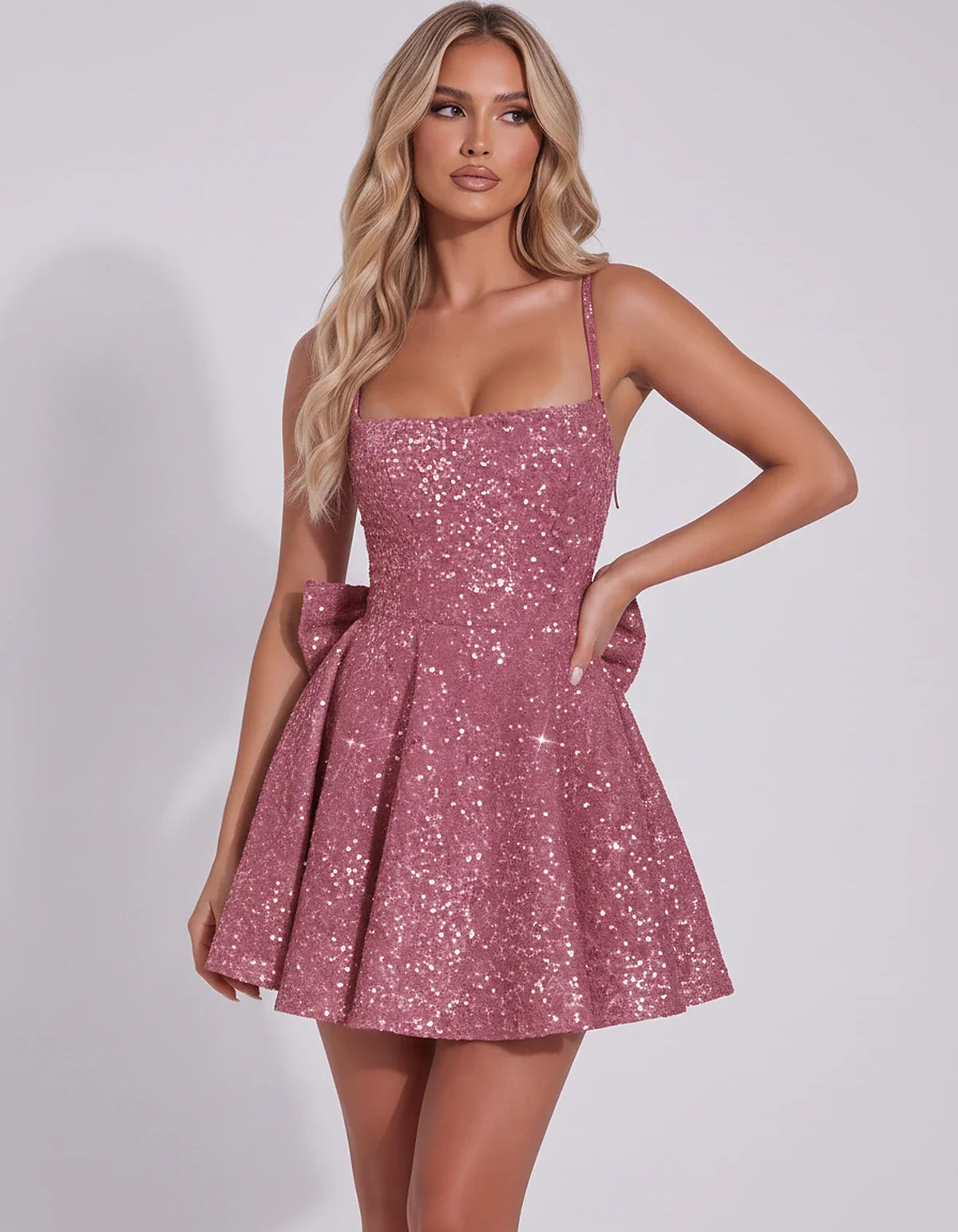 Sequin Spaghetti Strap Square Neck Corset A-Line Mini Dress with Side Bow for Graduation, Homecoming, Cocktail Party & Weddin | SKU: CMD-582947361845029-DUSTYROSE-L,CMD-582947361845029-DUSTYROSE-M,CMD-582947361845029-DUSTYROSE-S,CMD-582947361845029-DUSTYROSE-XL,CMD-582947361845029-DUSTYROSE-XS