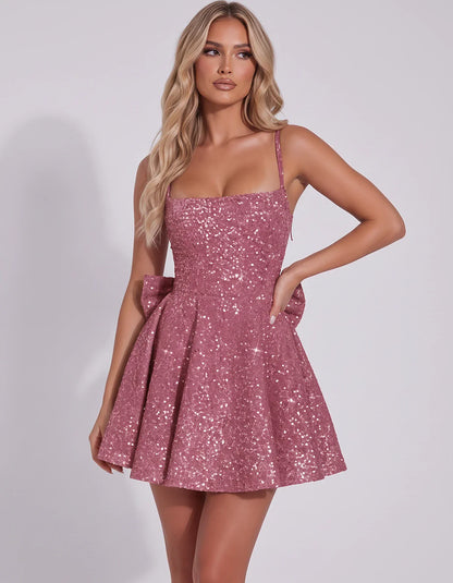 Sequin Spaghetti Strap Square Neck Corset A-Line Mini Dress with Side Bow for Graduation, Homecoming, Cocktail Party & Weddin | SKU: CMD-582947361845029-DUSTYROSE-L,CMD-582947361845029-DUSTYROSE-M,CMD-582947361845029-DUSTYROSE-S,CMD-582947361845029-DUSTYROSE-XL,CMD-582947361845029-DUSTYROSE-XS