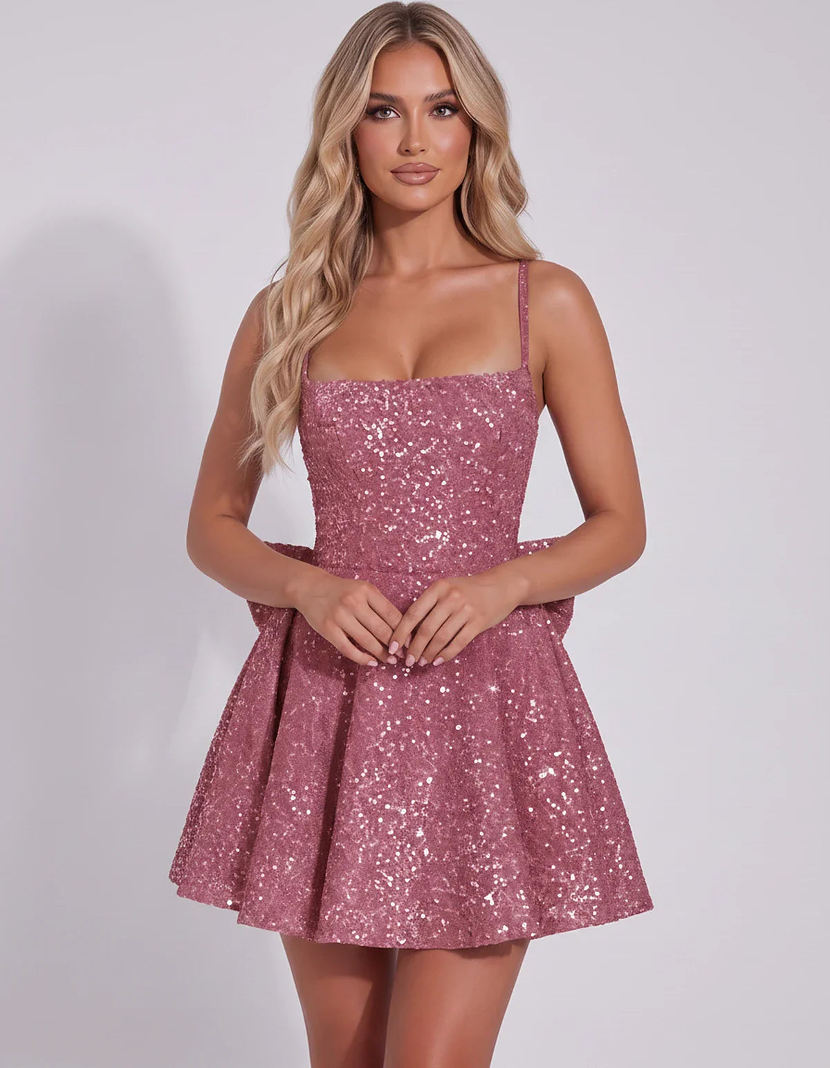 Sequin Spaghetti Strap Square Neck Corset A-Line Mini Dress with Side Bow for Graduation, Homecoming, Cocktail Party & Weddin | SKU: CMD-582947361845029-DUSTYROSE-L,CMD-582947361845029-DUSTYROSE-M,CMD-582947361845029-DUSTYROSE-S,CMD-582947361845029-DUSTYROSE-XL,CMD-582947361845029-DUSTYROSE-XS
