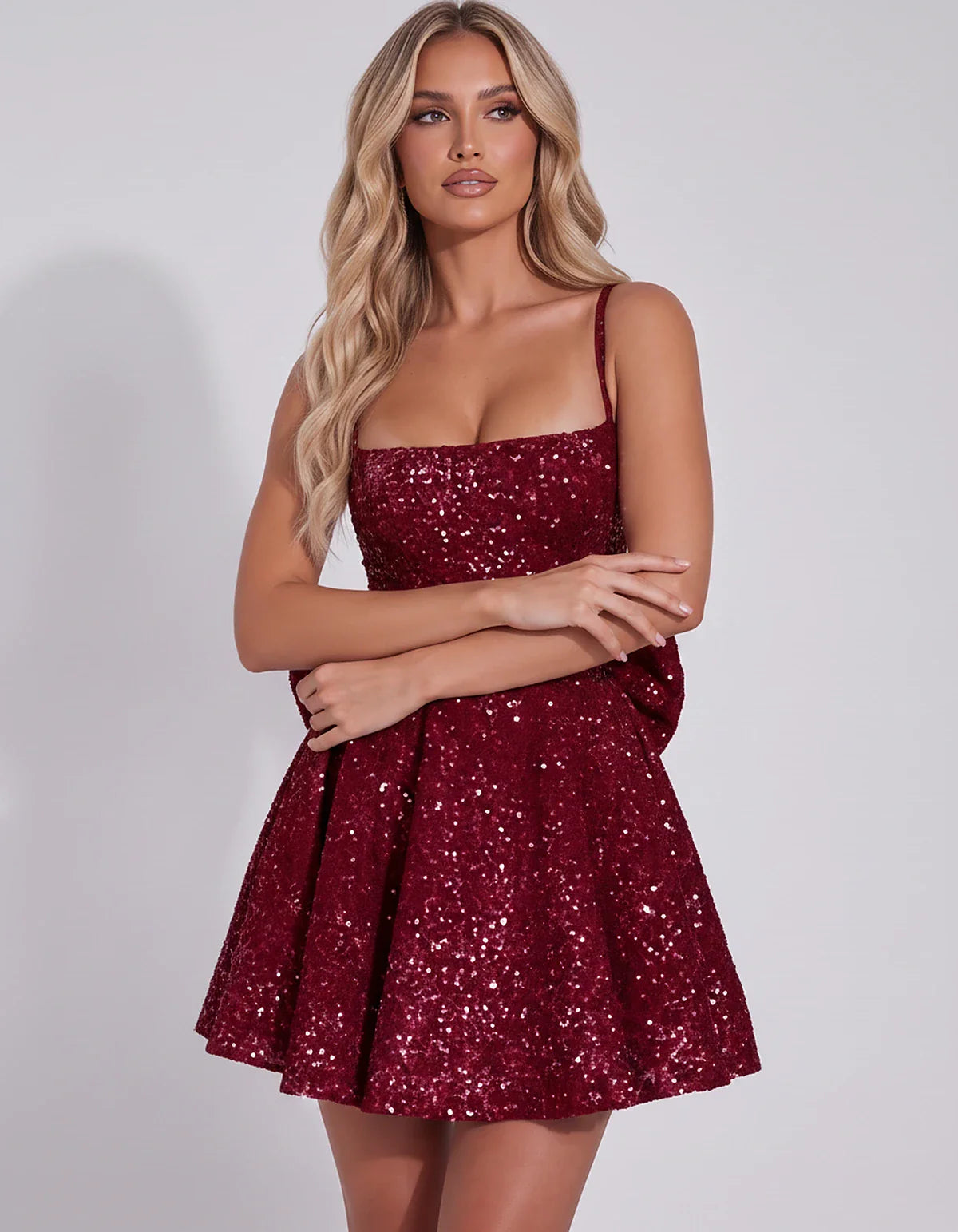 Sequin Spaghetti Strap Square Neck Corset A-Line Mini Dress with Side Bow for Graduation, Homecoming, Cocktail Party & Weddin | SKU: CMD-582947361845029-BURGUNDY-L,CMD-582947361845029-BURGUNDY-M,CMD-582947361845029-BURGUNDY-S,CMD-582947361845029-BURGUNDY-XL,CMD-582947361845029-BURGUNDY-XS