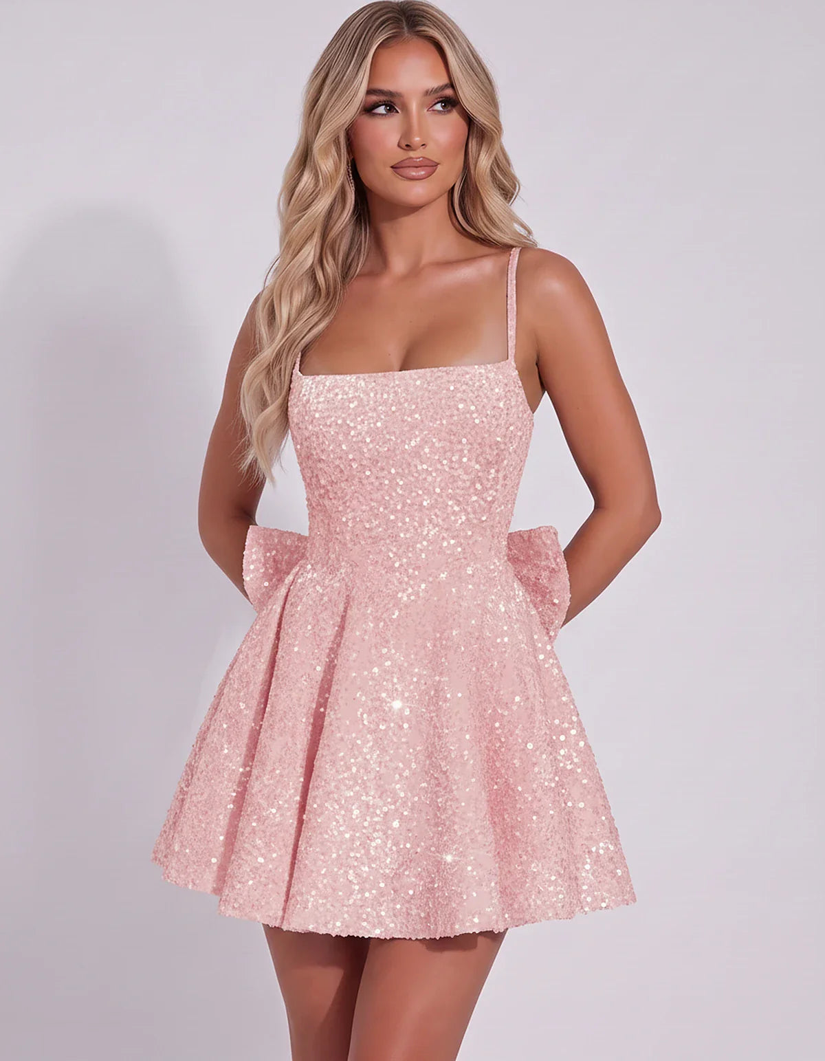 Sequin Spaghetti Strap Square Neck Corset A-Line Mini Dress with Side Bow for Graduation, Homecoming, Cocktail Party & Weddin | SKU: CMD-582947361845029-BLUSH-L,CMD-582947361845029-BLUSH-M,CMD-582947361845029-BLUSH-S,CMD-582947361845029-BLUSH-XL,CMD-582947361845029-BLUSH-XS