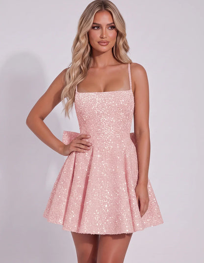 Sequin Spaghetti Strap Square Neck Corset A-Line Mini Dress with Side Bow for Graduation, Homecoming, Cocktail Party & Weddin | SKU: CMD-582947361845029-BLUSH-L,CMD-582947361845029-BLUSH-M,CMD-582947361845029-BLUSH-S,CMD-582947361845029-BLUSH-XL,CMD-582947361845029-BLUSH-XS