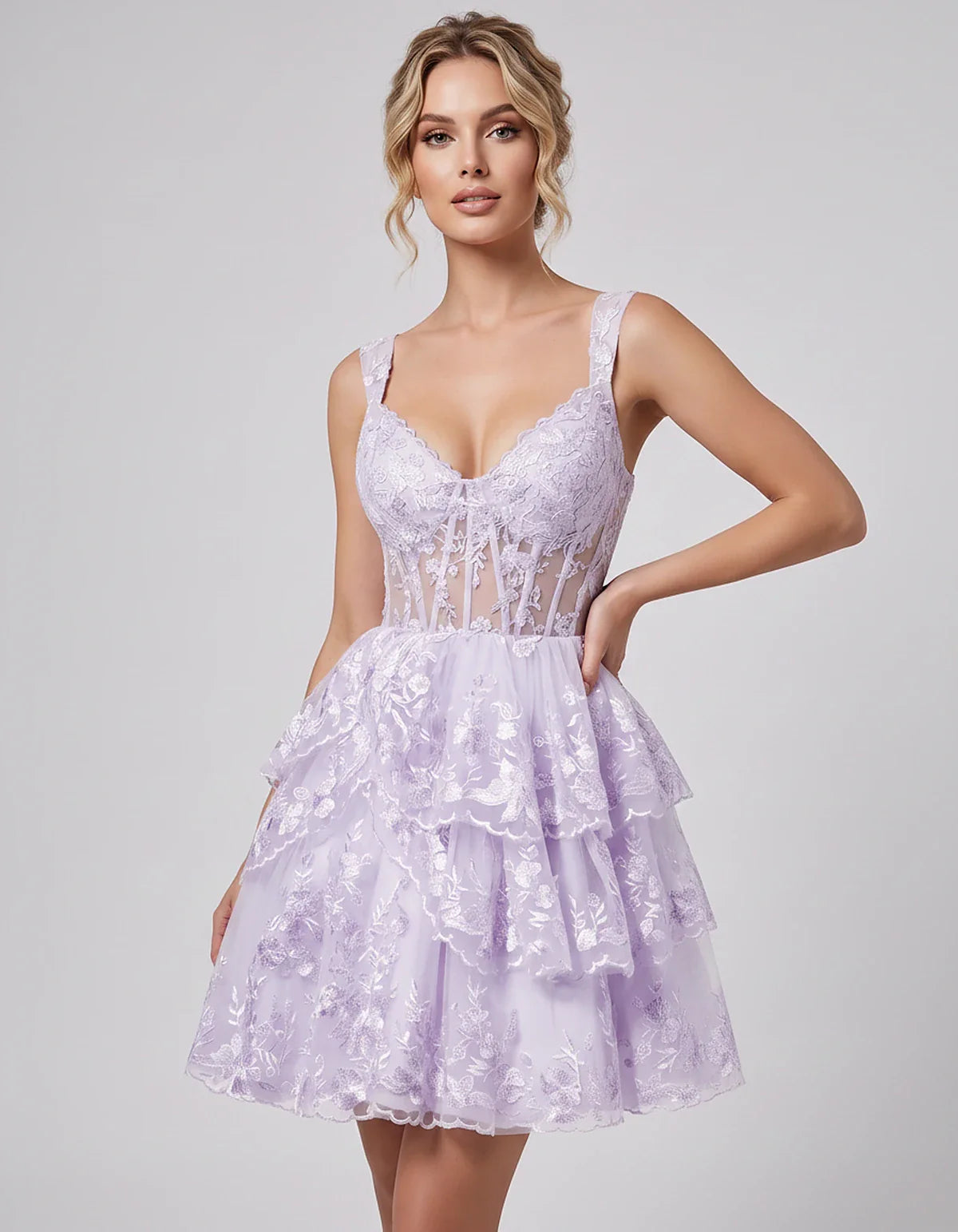 Lace & Tulle Sleeveless Sweetheart A-Line Mini Dress with Corset Bodice for Homecoming, Party, Cocktail, Evening & Wedding Gu | SKU: RMD-481950372684915-LAVENDER-L,RMD-481950372684915-LAVENDER-M,RMD-481950372684915-LAVENDER-S,RMD-481950372684915-LAVENDER-XL,RMD-481950372684915-LAVENDER-XS