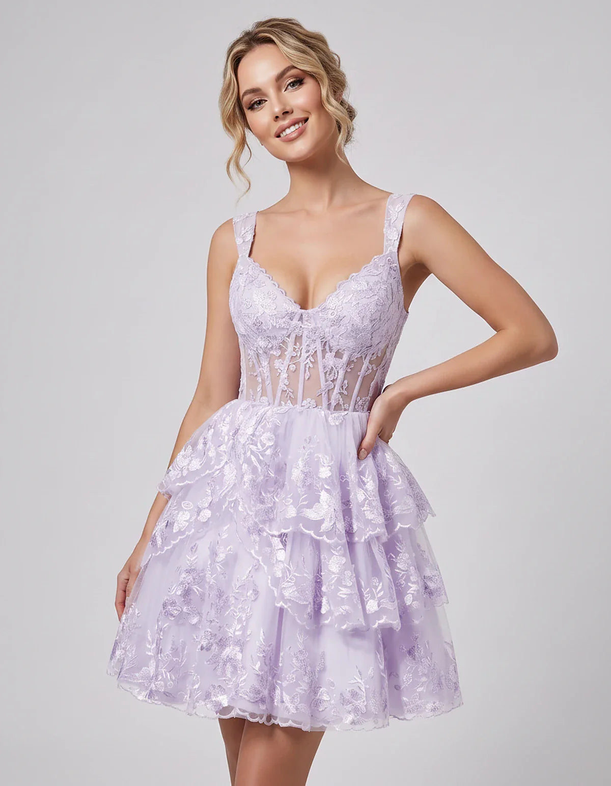 Lace & Tulle Sleeveless Sweetheart A-Line Mini Dress with Corset Bodice for Homecoming, Party, Cocktail, Evening & Wedding Gu | SKU: RMD-481950372684915-LAVENDER-L,RMD-481950372684915-LAVENDER-M,RMD-481950372684915-LAVENDER-S,RMD-481950372684915-LAVENDER-XL,RMD-481950372684915-LAVENDER-XS