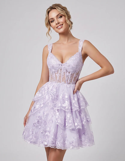 Lace & Tulle Sleeveless Sweetheart A-Line Mini Dress with Corset Bodice for Homecoming, Party, Cocktail, Evening & Wedding Gu | SKU: RMD-481950372684915-LAVENDER-L,RMD-481950372684915-LAVENDER-M,RMD-481950372684915-LAVENDER-S,RMD-481950372684915-LAVENDER-XL,RMD-481950372684915-LAVENDER-XS