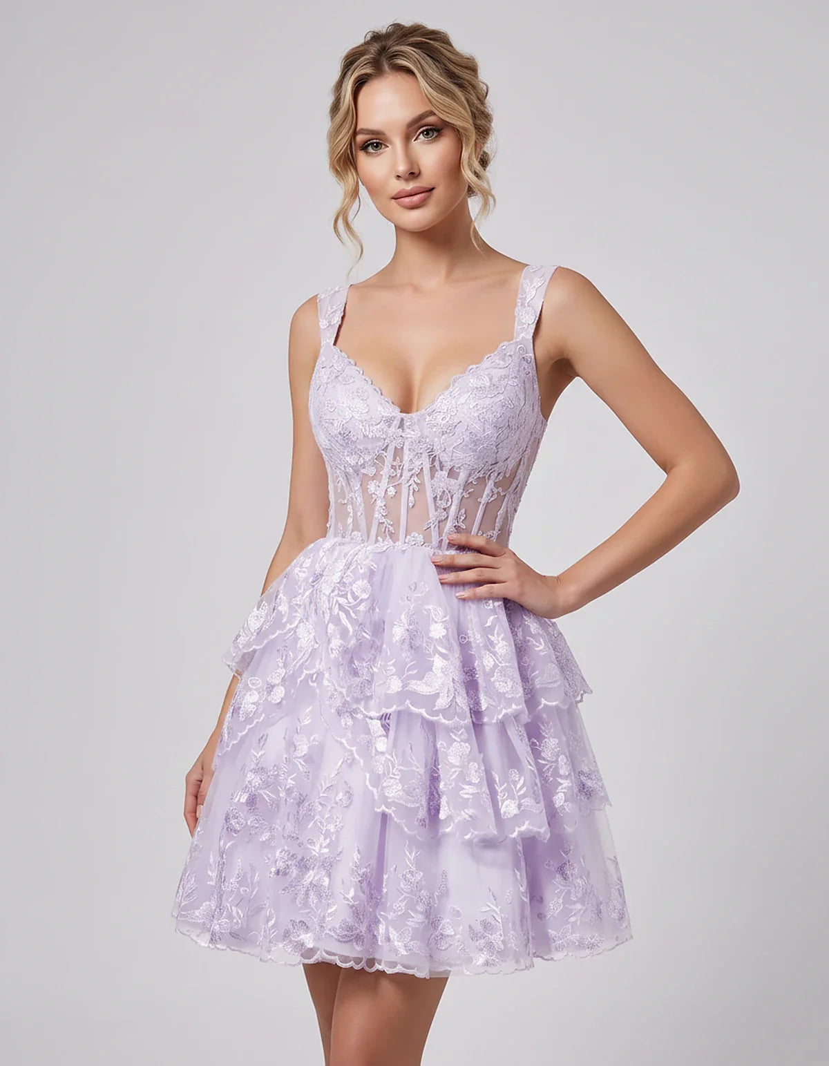 Lace & Tulle Sleeveless Sweetheart A-Line Mini Dress with Corset Bodice for Homecoming, Party, Cocktail, Evening & Wedding Gu | SKU: RMD-481950372684915-LAVENDER-L,RMD-481950372684915-LAVENDER-M,RMD-481950372684915-LAVENDER-S,RMD-481950372684915-LAVENDER-XL,RMD-481950372684915-LAVENDER-XS