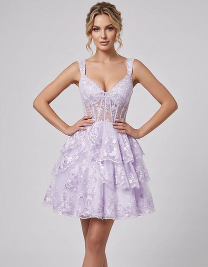 Lace & Tulle Sleeveless Sweetheart A-Line Mini Dress with Corset Bodice for Homecoming, Party, Cocktail, Evening & Wedding Gu | SKU: RMD-481950372684915-LAVENDER-L,RMD-481950372684915-LAVENDER-M,RMD-481950372684915-LAVENDER-S,RMD-481950372684915-LAVENDER-XL,RMD-481950372684915-LAVENDER-XS